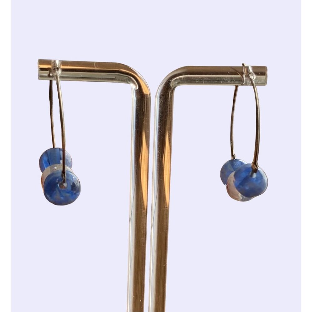 Vintage Millefiori Glass Bead Hoop Earrings With Star Design Blue & Red